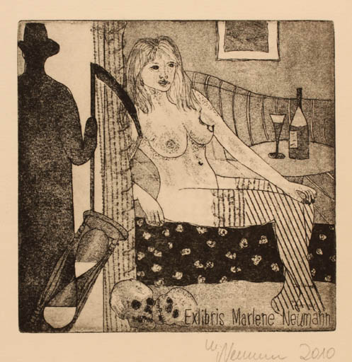 Exlibris by Marlene Neumann from Germany for Marlene Neumann - Death Woman Nude Wine 