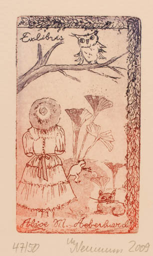 Exlibris by Marlene Neumann from Germany for Alice M. Aeberhard - Flora Cat Woman Owl 