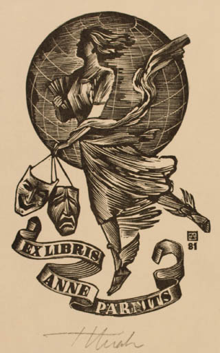 Exlibris by Henno Arrak from Estonia for Anne Parnits - Globe Woman Theater/Cirkus 