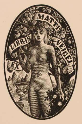 Exlibris by Henno Arrak from Estonia for Matti Veigel - Woman Nude Tree 