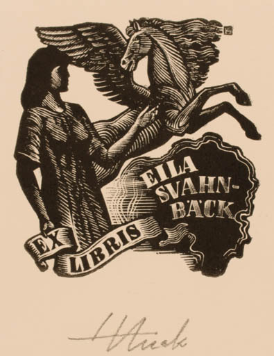 Exlibris by Henno Arrak from Estonia for ? Svahn-Bäck Eila - Horse Woman Pegasus 