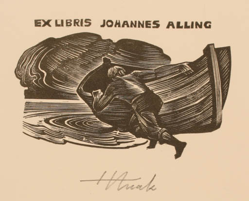 Exlibris by Henno Arrak from Estonia for Johannes Alling - Man Ship/Boat 