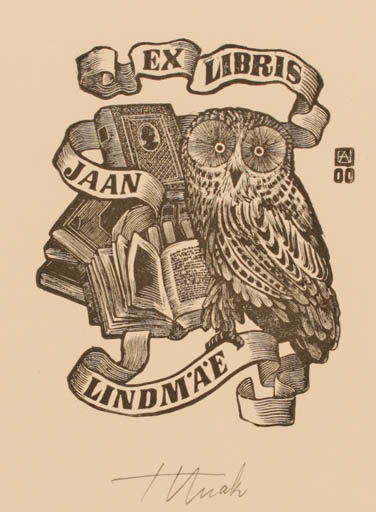 Exlibris by Henno Arrak from Estonia for Jaan Lindmäe - Book Owl 