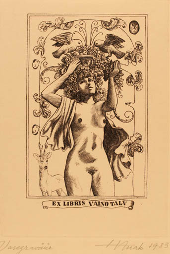 Exlibris by Henno Arrak from Estonia for Väino Talv - Fruit Bird Woman Nude 