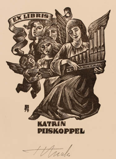 Exlibris by Henno Arrak from Estonia for Katrin Piiskoppel - Book Angel Woman Music 