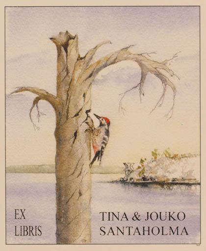 Exlibris by Martti Tapani Kiippa from Finland for Tina & Jouko Santaholma - Bird Scenery/Landscape Tree 