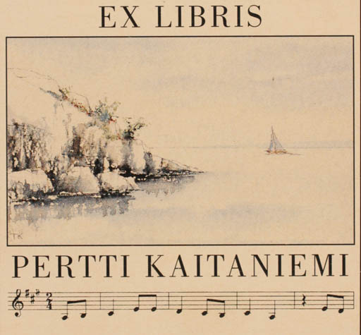 Exlibris by Martti Tapani Kiippa from Finland for Pertti Kaitaniemi - Music Ship/Boat 