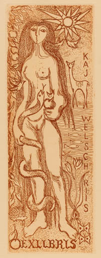 Exlibris by Muggi Wille-Nielsen from Denmark for Kaj Welsch Riis - Adam and Eve Fauna Woman Nude Sun 