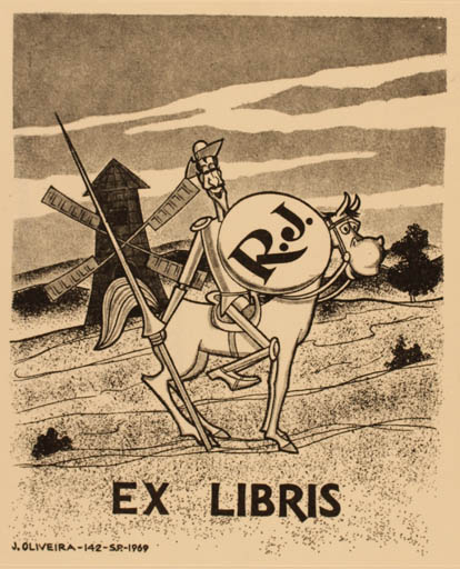 Exlibris by Jorge Oliveira from Spain for Roland Johannson - Don Quijote Mill Horseman/Rider 