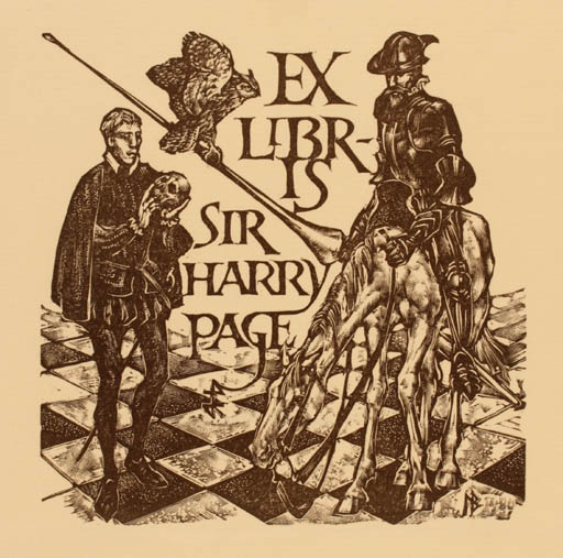 Exlibris by Leslie Benenson from Great Britain for Sir Harry Page - Don Quijote Horseman/Rider Owl 