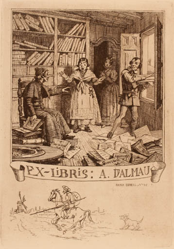 Exlibris by Ramon Borrell from Spain for A Dalmau - Book Don Quijote Interior Group Mill Horseman/Rider 