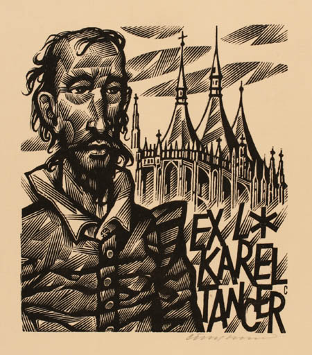 Exlibris by Vojtech Cinybulk from Czechoslovakia for Karel Tancer - Don Quijote Church Portrait 