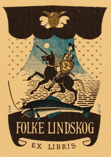 Exlibris by Christian Blæsbjerg from Denmark for Folke Lindskog - Don Quijote Fish Horseman/Rider 