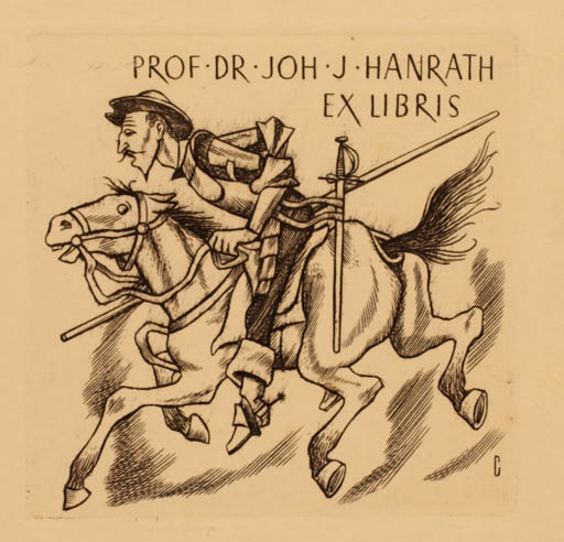 Exlibris by Vojtech Cinybulk from Czechoslovakia for Dr. Joh.J Hanrath - Don Quijote Horse Horseman/Rider 