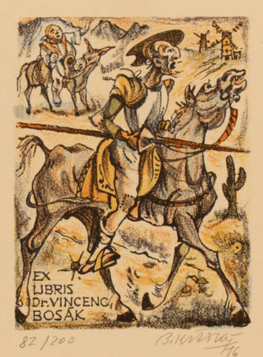 Exlibris by Bohumil Kratky from Czechoslovakia for Dr. Vincenc Bosak - Don Quijote Mill Horseman/Rider 