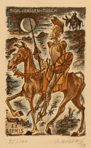 Exlibris by Bohumil Kratky from Czechoslovakia for Eigil Jenssen-Tusch - Don Quijote Horseman/Rider 