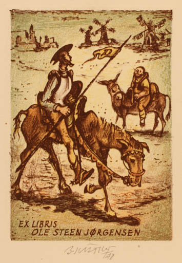 Exlibris by Bohumil Kratky from Czechoslovakia for Ole Steen Jørgensen - Don Quijote Mill Horseman/Rider 