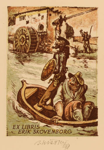 Exlibris by Bohumil Kratky from Czechoslovakia for Erik Skovenborg - Don Quijote Mill Ship/Boat 