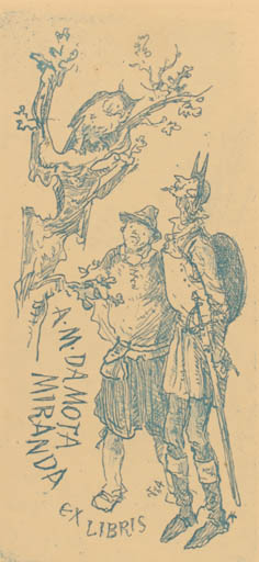 Exlibris by Jaroslav Vodrazka from Czechoslovakia for Artur Mario Da Mota Miranda - Don Quijote Owl 