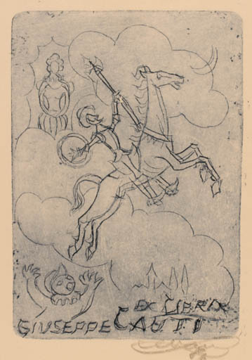 Exlibris by Enrico Vannuccini from Italy for Giuseppe Cauti - Don Quijote Horseman/Rider 