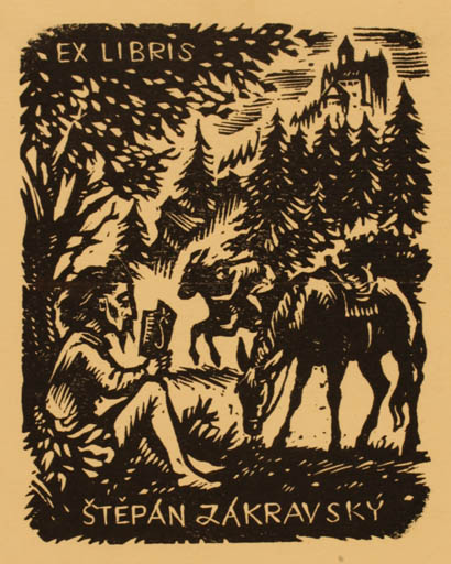 Exlibris by Hugo Silbersky from Czechoslovakia for Stepan Zakravsky - Book Don Quijote Horse Forest 