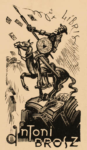 Exlibris by Peteris Upitis from Latvia for Antoni Brosz - Book Don Quijote Horseman/Rider 