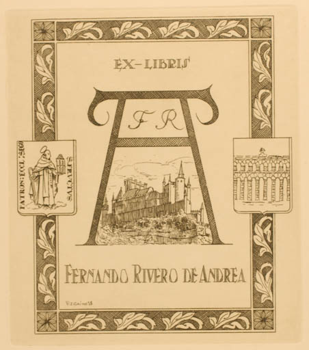 Exlibris by Rogelio P. Vizcaino from Italy for Fernando Rivero de Andrea - Castle/Palace 