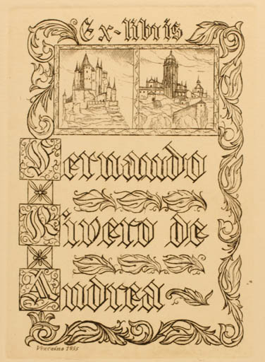 Exlibris by Rogelio P. Vizcaino from Italy for Fernando Rivero de Andrea - Castle/Palace Text/Writing 