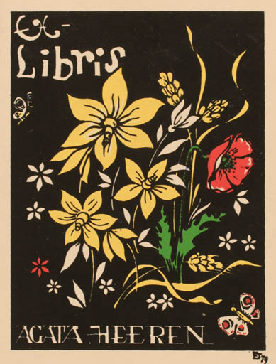 Exlibris by Eduardo Dias Ferreira from Portugal for Agatha Heeren - Flower Flora Butterfly 