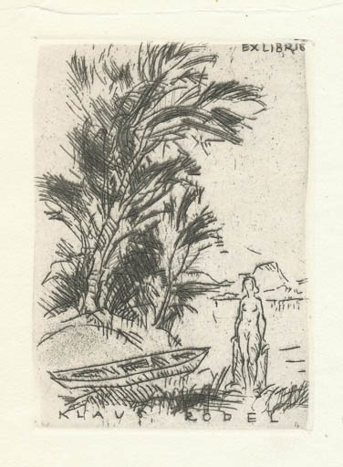 Exlibris by Rudolf Koch from Germany for Klaus Rödel - Woman Ship/Boat Tree 