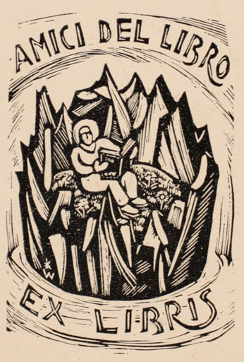 Exlibris by Remo Wolf from Italy for ? Amici del Libro - Mountain Book Flora Man 