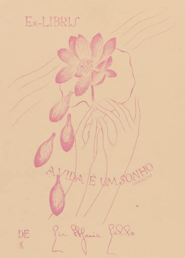 Exlibris by Gouveia Portuense from Portugal for Pia Maria Pello - Flower Flora Hand(s) 