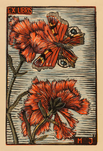 Exlibris by Jiri Slavik from Czechoslovakia for M. Jancakova - Flower Flora Butterfly 