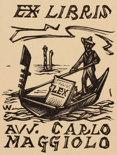 Exlibris by Remo Wolf from Italy for Carlo Maggiolo - Book Man Maritime Ship/Boat 