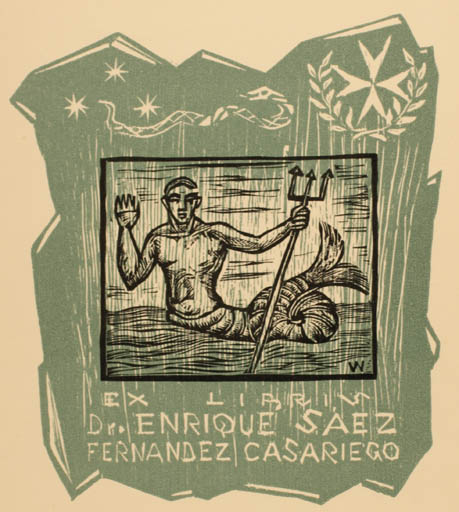 Exlibris by Remo Wolf from Italy for Dr. Enrique Saez Fernadez Casariego - Mermaid Mythology 