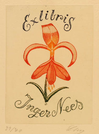 Exlibris by Lorentz May from Denmark for Inger Nees - Flower Flora 