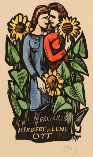 Exlibris by Herbert S. Ott from Germany for Herbert & Leni Ott - Flower Flora Couple Romance 