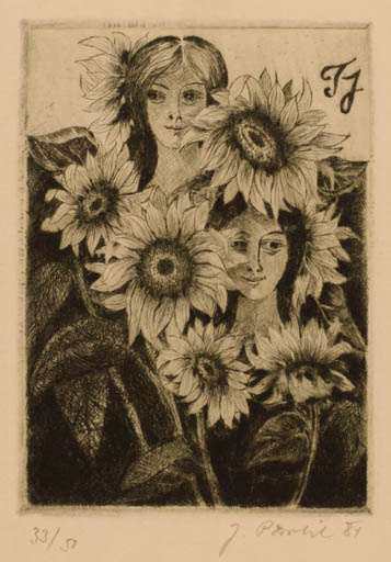 Exlibris by J Pavlik from Czechoslovakia for Josef Tresnak - Flower Flora Portrait 