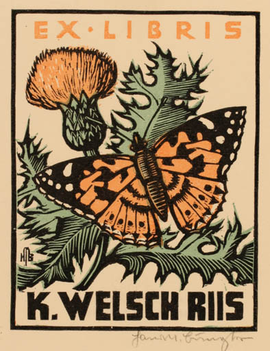 Exlibris by Hans Michael Bungter from Germany for Kaj Welsch Riis - Flora Butterfly 