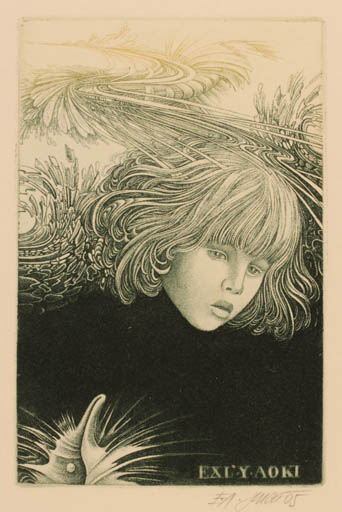 Exlibris by Josef Dudek from Czechoslovakia for Y Aoki - Child Portrait 