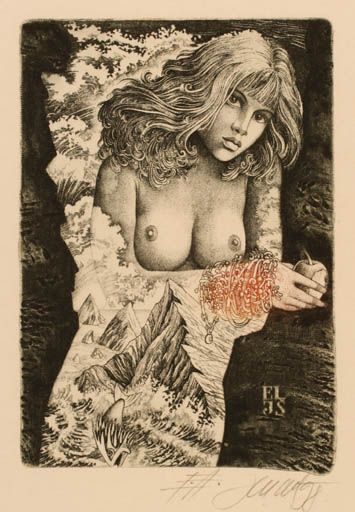 Exlibris by Josef Dudek from Czechoslovakia for ? J.S. - Woman Surrealism 