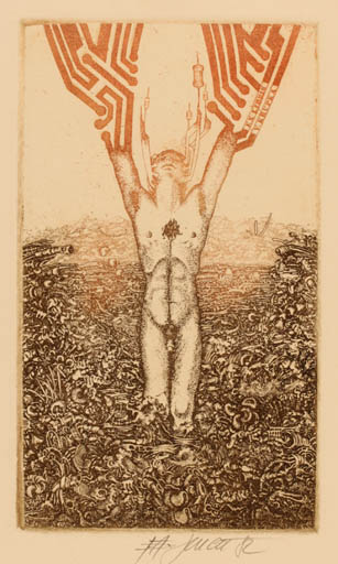 Exlibris by Josef Dudek from Czechoslovakia for Vaclav Krupka - Man Nude Surrealism 