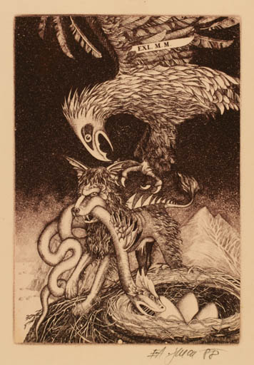 Exlibris by Josef Dudek from Czechoslovakia for ? M.M. - Fauna Bird 