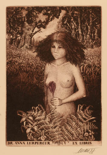 Exlibris by Josef Dudek from Czechoslovakia for Dr. Anna Lerperger - Woman Nude Forest 