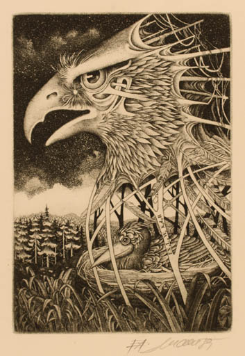 Exlibris by Josef Dudek from Czechoslovakia for W. K.D.B - Bird Forest 