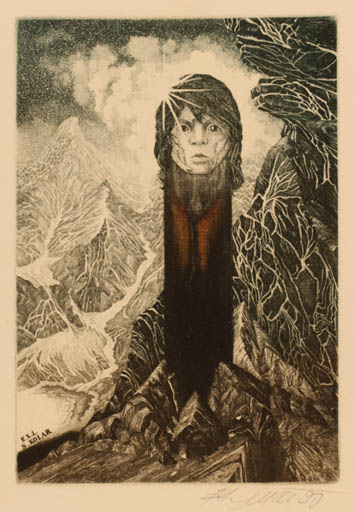 Exlibris by Josef Dudek from Czechoslovakia for S Kolar - Mountain Portrait Surrealism 