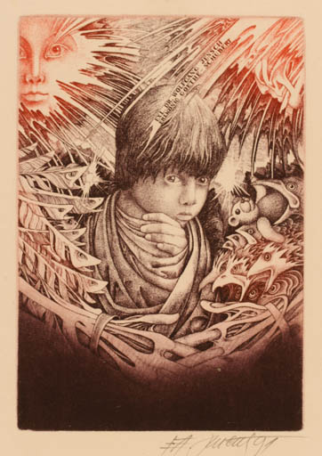 Exlibris by Josef Dudek from Czechoslovakia for Dr. Wolfgang Jensch - Child Sun Surrealism 