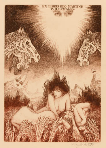 Exlibris by Josef Dudek from Czechoslovakia for Martine + Rik Willemaers - Horse Woman Scenery/Landscape Nude Surrealism 