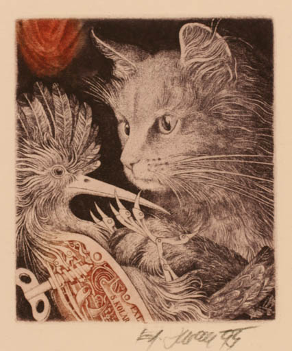 Exlibris by Josef Dudek from Czechoslovakia for S Kolar - Bird Cat 