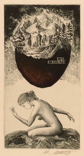 Exlibris by Josef Dudek from Czechoslovakia for Dr. Emil Kunze - Mountain Woman Scenery/Landscape Nude Surrealism 